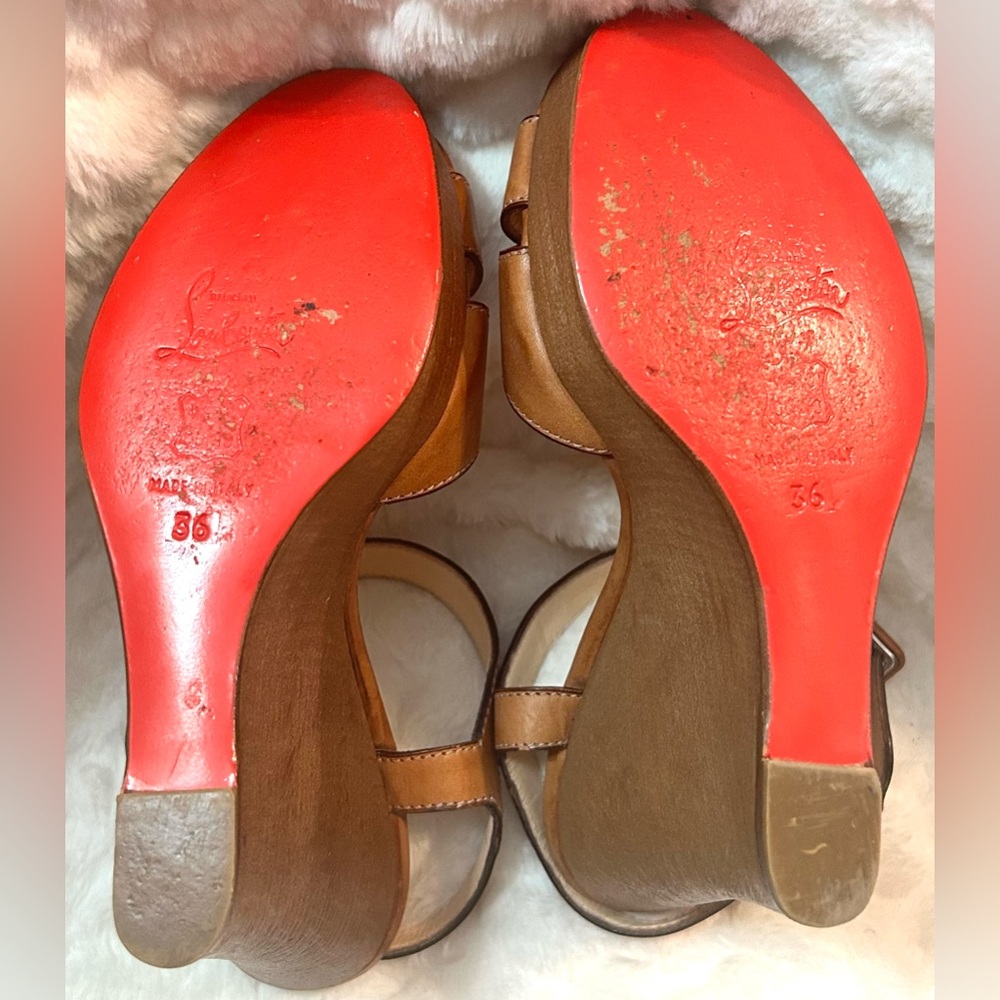 Authentic Christian Louboutin Leather Tan Wooden Wedge Sandals US size 6 - Picture 11 of 16